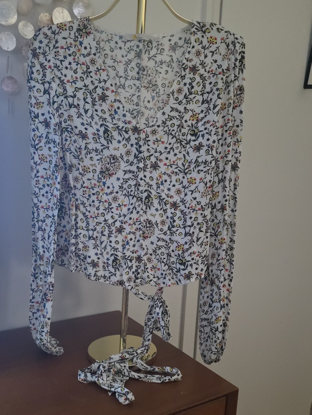 Boden White Multi Floral Tie-Front Long-Sleeve Blouse